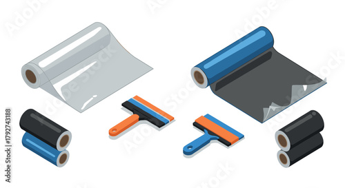 Isometric window tinting tools and film rolls set on white background