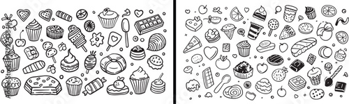 Ice cream clipart, cupcake doodle art, chocolate bar sketch, pizza slice vector, hotdog line drawing, dessert hand drawn design, snack illustration pack, sweet treat outline, cartoon food clipart, cut