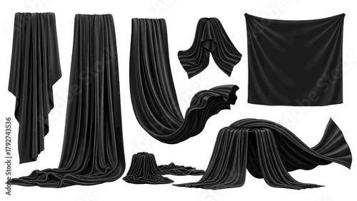 Vector illustration of various black fabric drapes and cloths on a transparent background