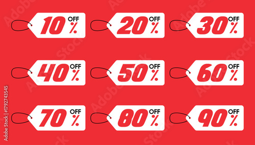 Promotion hold tag. Special offer discount on red tags shapes with different value percent off 90, 80, 70, 60, 50, 40, 30, 20, and 10%.	