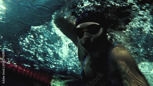 Cinematic Underwater Freestyle Swimming: Female Swimmer Close Up in Dark Water 4K