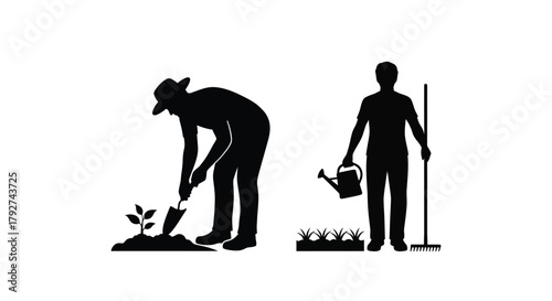 Gardening silhouettes depict a man planting and another watering plants