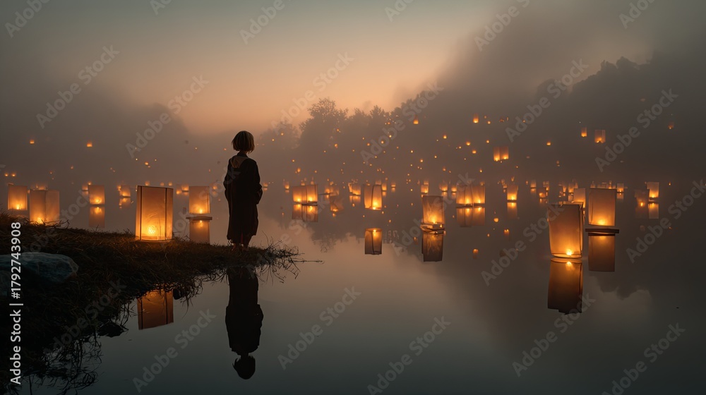 Fototapeta premium Serene Lantern Festival Reflection at Dawn