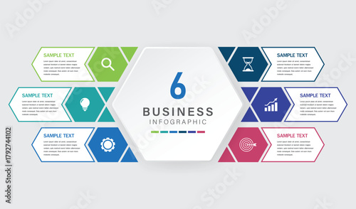 6 Step Business Infographic with Central Hexagon and Arrow Segments