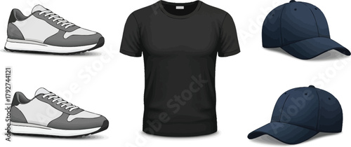 Collection of clothing items shoes, tshirt, and cap