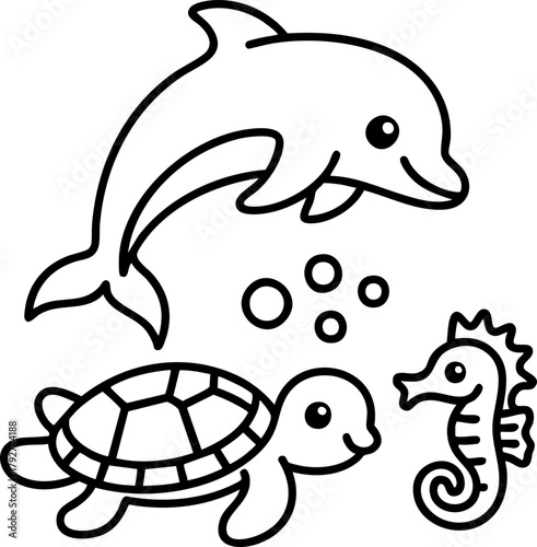 Simple and adorable ocean animals like dolphin, turtle, and seahorse in a coloring book