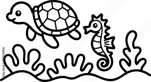 Simple and adorable ocean animals like dolphin, turtle, and seahorse in a coloring book