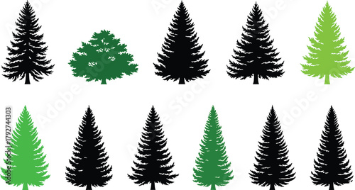 Tree silhouette collection, diverse foliage shapes and colors, conifer and deciduous comparison, green and black vector illustration, nature themed graphic elements set