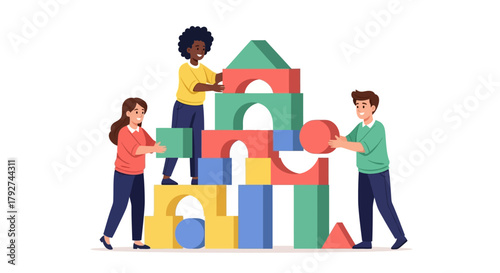 Diverse children working together to build a colorful block tower. Flat Vector Illustrations. EPS Editable