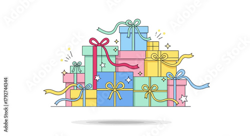 A large festive pile of colorful wrapped gift boxes with ribbons. Flat Vector Illustrations. EPS Editable