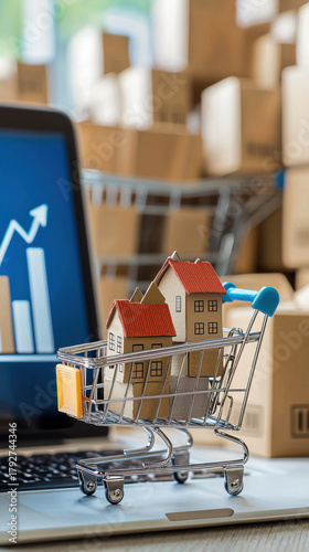 Miniature houses in a shopping cart on a laptop displaying growth charts, symbolizing real estate investment growth and online property sales.