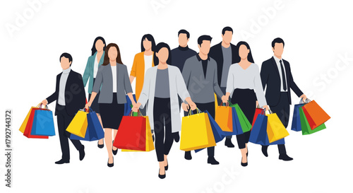 A large group of diverse people walking forward with colorful shopping bags. Flat Vector Illustrations. EPS Editable