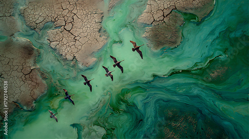 Flock of birds flying over cracked earth and green water aerial top down