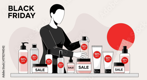 Black Friday sale concept with a woman choosing discounted cosmetic products. Flat Vector Illustrations. EPS Editable