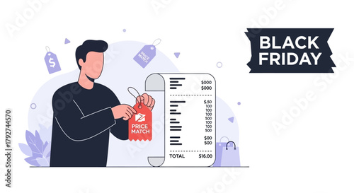Black Friday shopping concept with a man holding a sale tag next to a long purchase receipt. Flat Vector Illustrations. EPS Editable