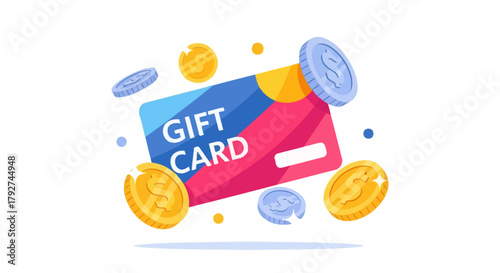 Colorful gift card voucher with floating gold and silver coins. Flat Vector Illustrations. EPS Editable