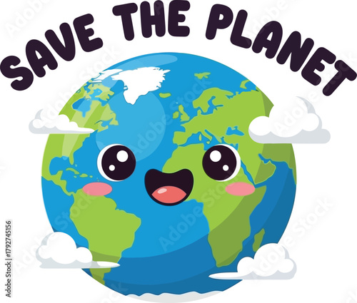 Cute cartoon earth character saying save the planet