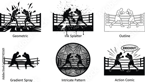 Two boxers fighting in ring in six artistic styles, silhouette, line art, ink splatter, gradient spray, intricate pattern, comic action, knockout