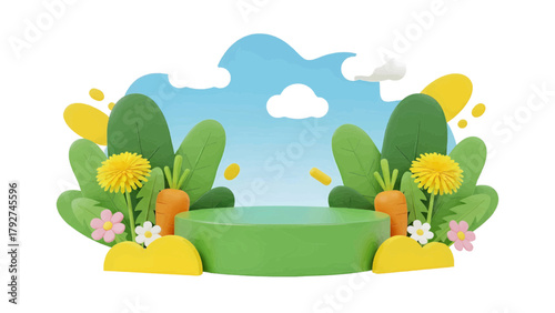 Vector illustration of green podium with plants, carrots, and flowers against a blue sky with clouds on a transparent background