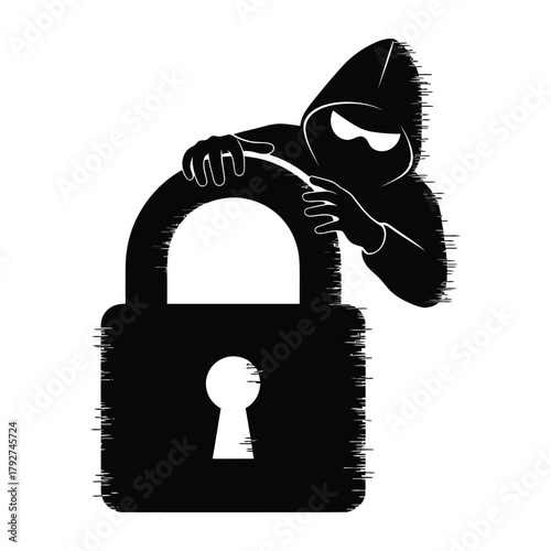 Cybersecurity breach and data theft with hacker trying to unlock padlock