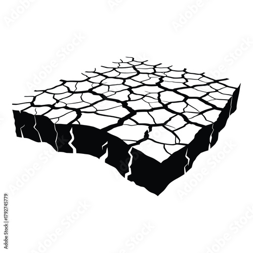 Dry cracked earth illustration in black and white minimal design