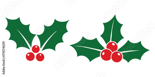 Holly berry icon, Christmas decorations with holly berries, Holly berry leaves