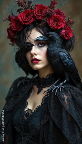Gothic woman with black crow on shoulder wears red rose floral wreath. Dark ornate dress lace detail on neck and chest. Mysterious elegant beauty portrait.