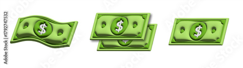 Dollar bill. Green 3d render american money. Dollar banknote in cartoon style. Vector 10 eps.