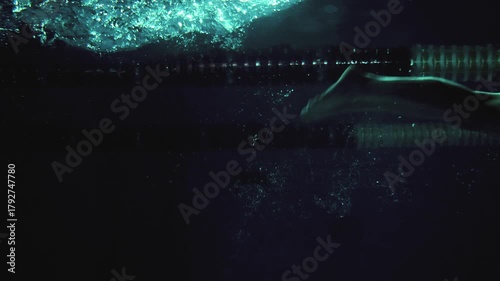 Underwater of Female Swimmer Performing Butterfly Stroke in Dark Pool