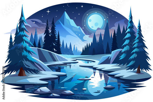 Moonlight reflecting on frozen river surface with snow covered banks and pine trees