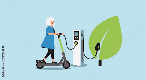 Senior woman charging her electric scooter at a green energy station. Flat Vector Illustrations. EPS Editable