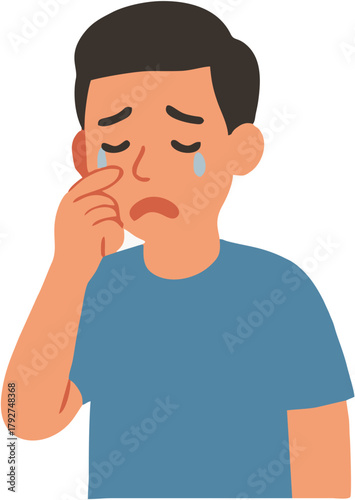 Illustration of a distressed young man crying, with tears visible on his face and hand wiping his eye
