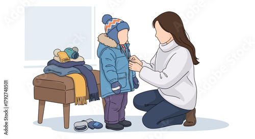 Loving mother helps her young child get dressed in warm winter clothes. Flat Vector Illustrations. EPS Editable