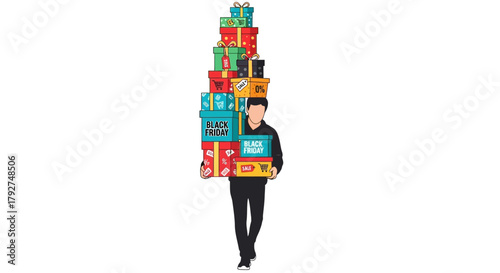 Man carrying a tall precarious stack of colorful gift boxes. Flat Vector Illustrations. EPS Editable