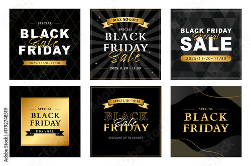 ブラックフライデー販促デザイン 6点セット（黒×金・高級感・SNS／EC／店頭POP向け）