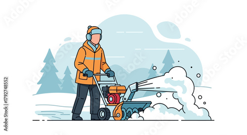 Man in warm winter clothes clearing snow with a snow blower machine in a snowy landscape vector illustration. Flat Vector Illustrations. EPS Editable