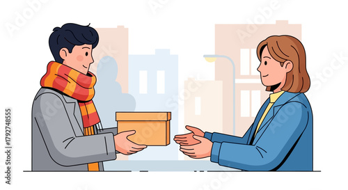 Man in a scarf giving a cardboard box to a woman outdoors. Flat Vector Illustrations. EPS Editable