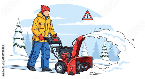 Man in winter clothing clearing a snowy path with a red snow blower machine. Flat Vector Illustrations. EPS Editable