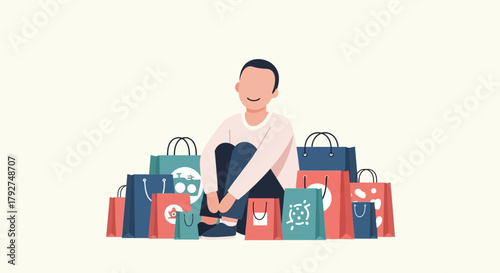 Man sitting on the floor surrounded by a large pile of colorful shopping bags. Flat Vector Illustrations. EPS Editable