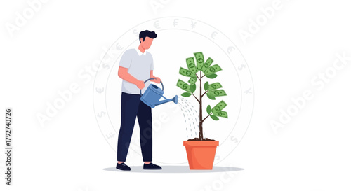 Man watering a money tree plant for financial growth and investment success. Flat Vector Illustrations. EPS Editable