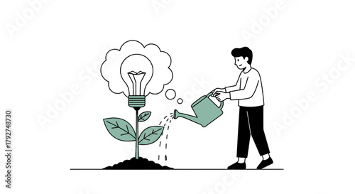 Man watering a growing lightbulb plant representing idea development and innovation. Flat Vector Illustrations. EPS Editable