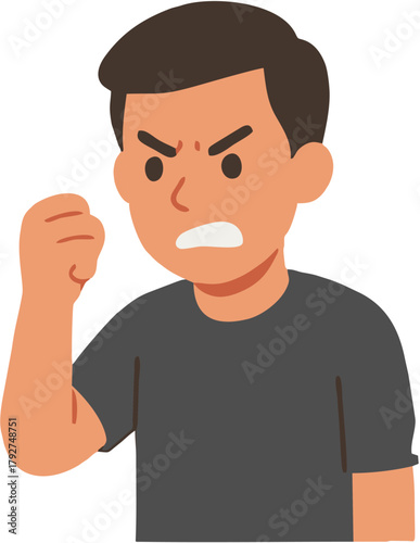 Angry man with clenched fist, expressing frustration and aggression, cartoon illustration