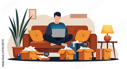 Man working from home on a laptop managing his online business and packing orders in boxes. Flat Vector Illustrations. EPS Editable