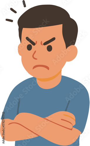 Illustration of an angry, frustrated man with arms crossed, conveying a feeling of annoyance and displeasure