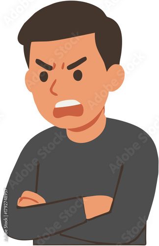 Cartoon Illustration of an Angry Man with Arms Crossed
