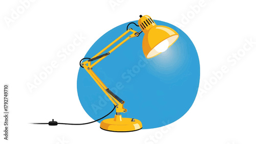 Vector illustration of a yellow desk lamp with an adjustable arm, casting light on a blue circle on a transparent background