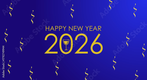 "Happy New Year 2026" graphic with a champagne glass replacing the zero in "2026", set against a blue background with gold streamers.