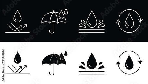 Weather icons displaying rain umbrellas and water droplets in various styles