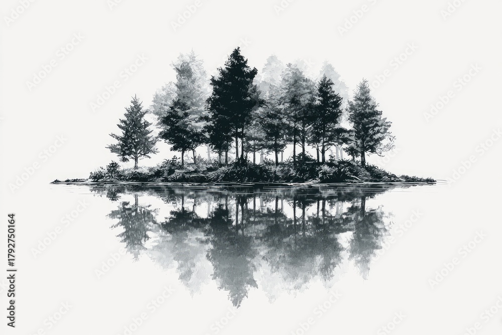 Fototapeta premium Monochrome island forest reflected in water