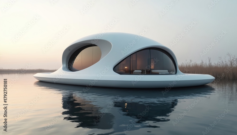 Obraz premium Futuristic pod home floats on calm lake water at dawn. Modern sleek design with large windows offers peaceful serene view of reeds and sky. Innovative sustainable dwelling provides comfort and luxury.
